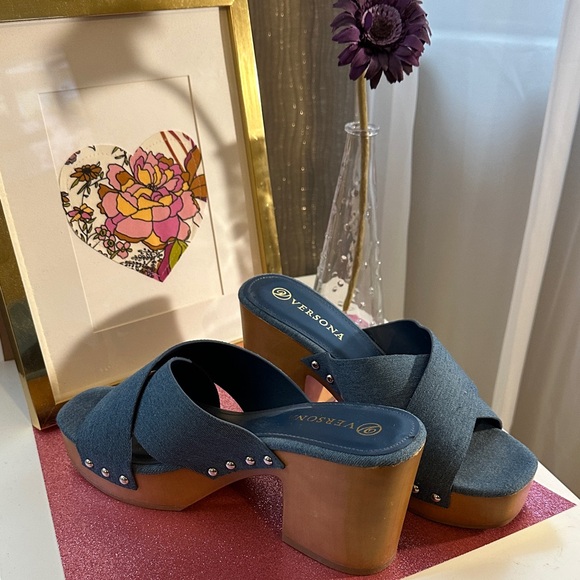 Versona Shoes - Versona Denim Blue Mules with Wooden Heel